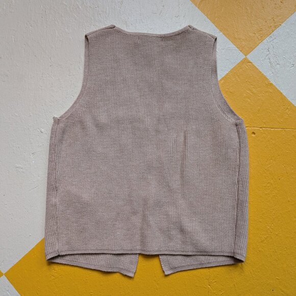 Beige Super Soft Open Front Button Peekaboo Sleeveless Vest Sweater Top Shirt - Picture 3 of 7